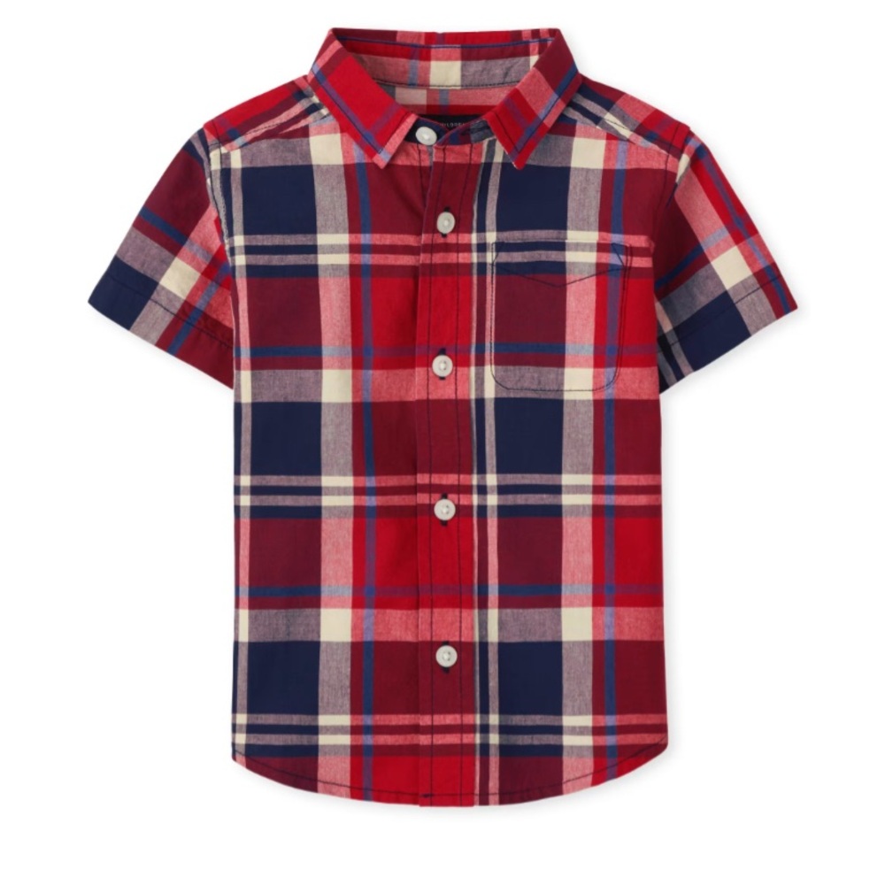 Matching Set for Sibling The Children's Place Red Navy Plaid Dress and Boy Shirt